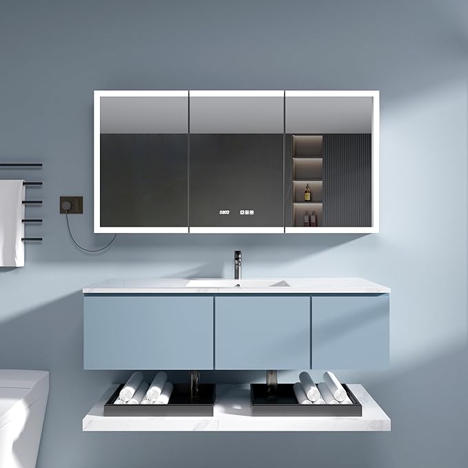 LED Medicine Cabinet Mirror, 60x30 Inch Bathroom Storage, Recessed/Wall Mount, Plug-in/Hardwired, 3 Color Dimmable Light, Anti-Fog, Time Temp Display