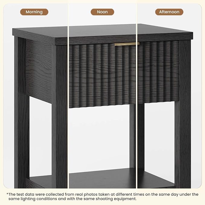 Fluted Night Stand with Golden Handle,Set of 2 Mid-Century Nightstands with Drawer, Bedside Table with Storage Shelf, Side Tables for Room,End Tables for Bedroom,Black Wood Grain