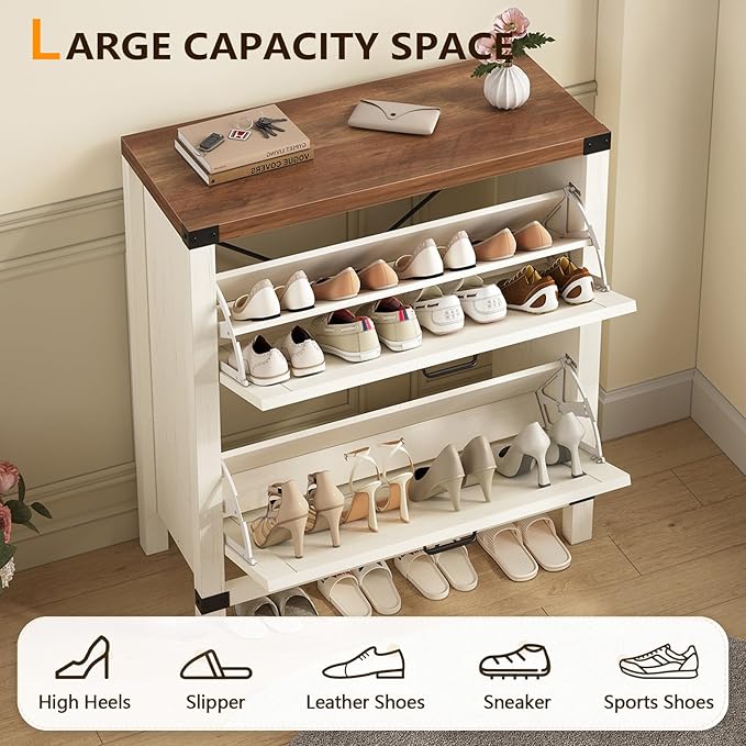 YOMILUVE Shoe Cabinet with 2 Flip Drawers, Farmhouse Shoe Storage Cabinet for Entryway, Slim Shoe Rack Freestanding Shoe Organizer with Barn Door, Brown and White