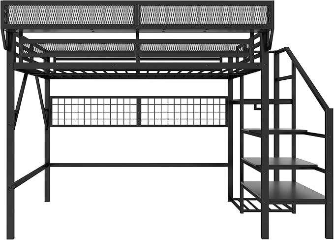 KEIKI Queen Size Metal Loft Bed Frame with Grid & Staircase & Built-in Storage Shelves & Wardrobe, Loft Bed with Solid Slats & Guardrail, No Box Spring Required, Easy Assembly, for Bedroom, Black