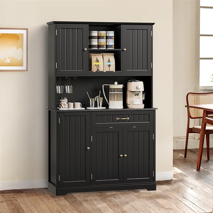 Gizoon Kitchen Pantry Cabinet with Countertop Kitchen Hutch Storage Cabinet 67.7" Tall Pantry Coffee Bar with Storage for Dining Room and Craft Room, Painted Black