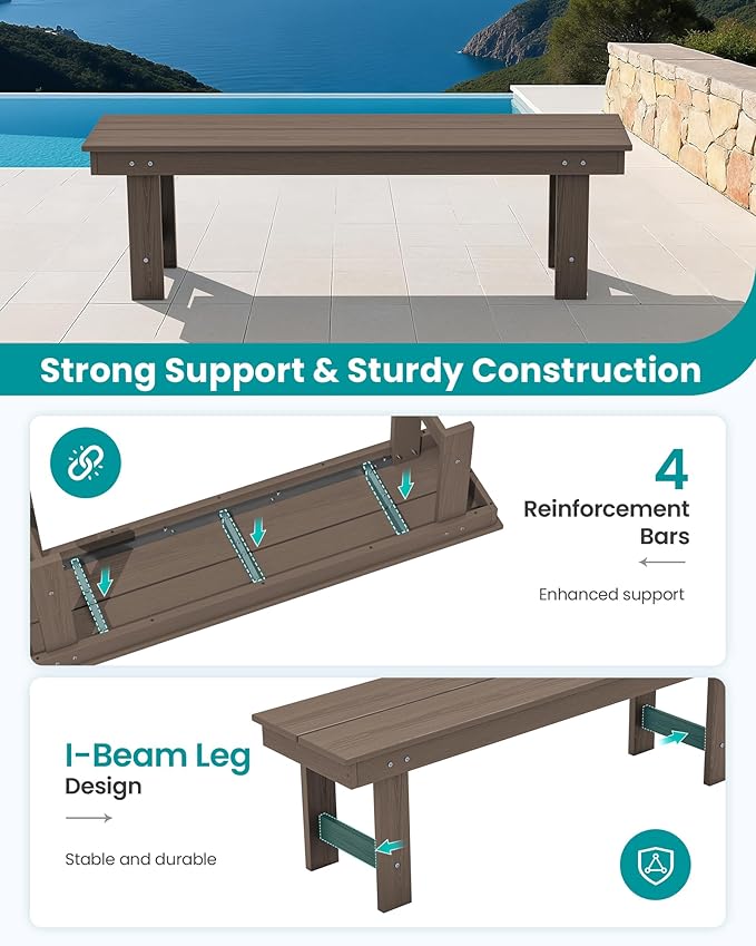 SERWALL 2-Person Outdoor Bench Backless, HDPE Outdoor Benches Weatherproof, 660 Lbs Weight Capacity, Poly Lumber Patio Furniture for Garden, Porch and Park, Coffee