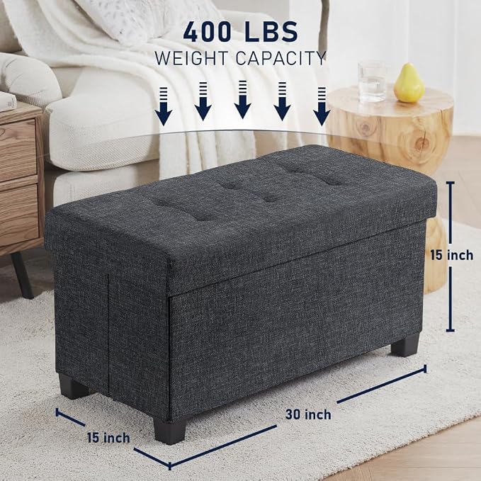 Ornavo Home 30 Inch Storage Ottoman, Large Storage Bench, Ottoman with Storage with Legs, Foot Rest Stool, Bedroom Bench - Black