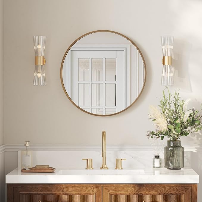 USHOWER Gold Bathroom Mirrors for Over Sink, 24 Inch Circle Mirror with Metal Frame, Wall Mirror for Vanity, Entryway, Living Room, Hallway and Bedroom Decor