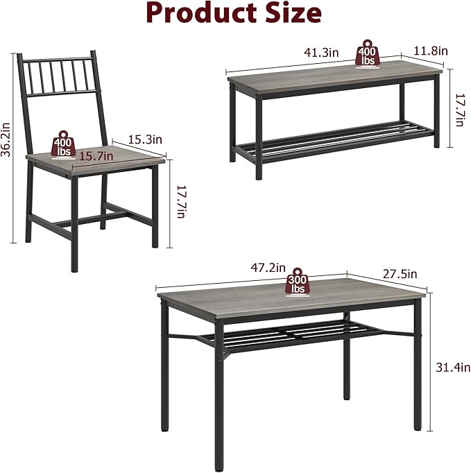 Garvee Dining Table Set for 4 with Bench and Chairs, 4-Piece Kitchen Table Set with Storage – Space-Saving Dining Table for Apartments and Dining Rooms, Gray