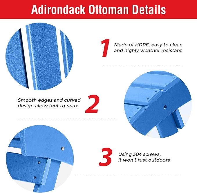 Costaelm Adirondack Chair Footrest, Patio Footstool, Ottoman Outdoor Foot Rest for Patio Waterproof, Adirondack Ottoman Patio Footstool, Pacific Blue