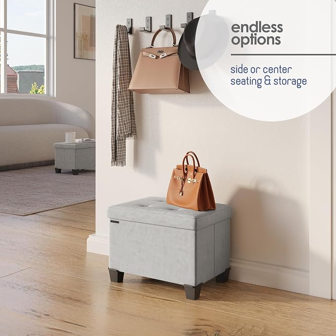 Storage Ottoman Cube with Small Bin, 16-in Square Ottoman with Storage for Living Room and Bedroom, Small Ottomans Foot Rest, Velvet Foot Stools Ottomans Max 330lbs, Light Grey