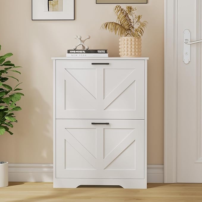 Homleke Farmhouse Shoe Cabinet for Entryway with 2 Barn-Style Flip Drawers, Narrow Shoe Storage Organizer with Top Display Shelf, Adjustable Shelves, Shoe Rack for Hallway, Closet- (White, 24" Wide)