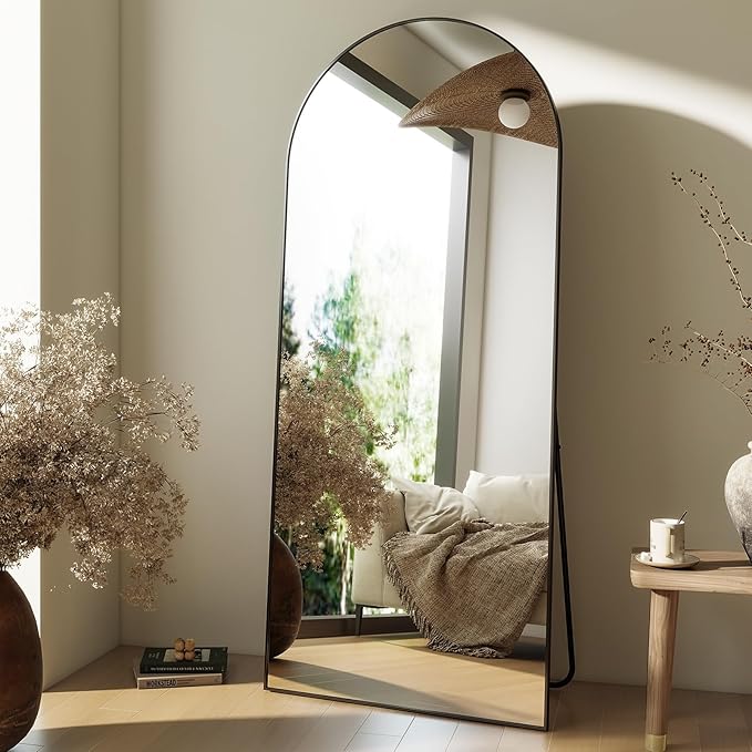 HARRITPURE 64"x21" Full Length Mirror, Arched Full Mirror, Free Standing Leaning Wall-Mounted Mirror Aluminum Frame Modern Mirrors for Living Room Bedroom Cloakroom, Black