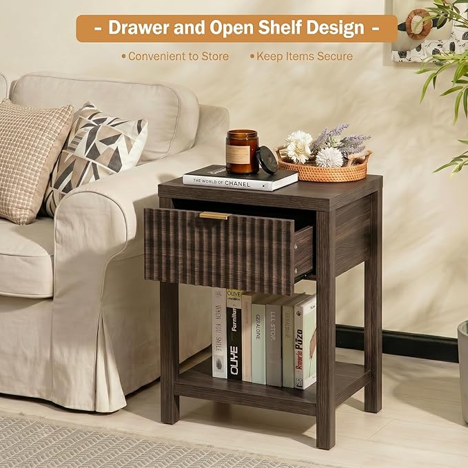 Fluted Night Stand with Golden Handle,Mid-Century Nightstands with Drawer,Modern Bedside Table with Storage Shelf,Large End Tables for Livingroom,Bed Side Tables for Bedroom,Walnut