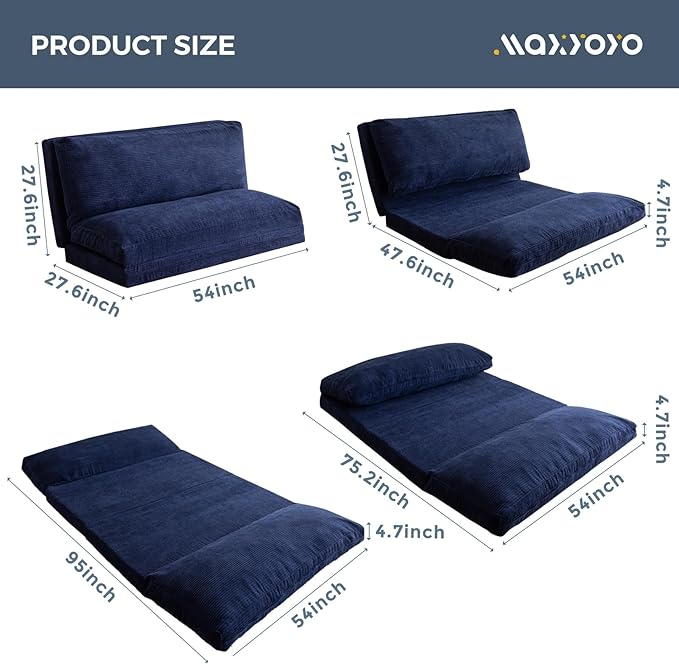 MAXYOYO Folding Sofa Bed, Extra Thick and Long Floor Sofa Convertible Sleeper Chair with Washable Cover, Floor Couch Lounge Bean Bag Bed for Living Room, Navy, 54x95 Inch