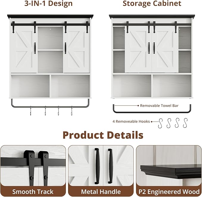 IRONCK Bathroom Wall Cabinet, Farmhouse Medicine Cabinet with Sliding Barn Door and LED Lights, Storage Cabinet Wall Mounted with Adjustable Shelves & Towel Bar for Bathroom, Kitchen, White