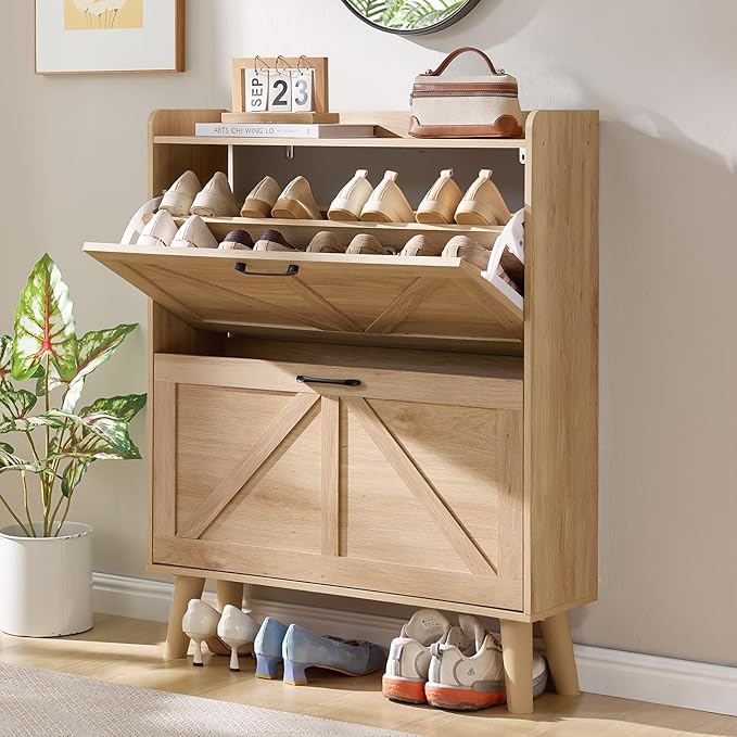 LEYAOYAO Shoe Cabinet Storage for Entryway with 2 Flip Drawers Rack Narrow Organizer Slim Hidden Wood Shoe Cabinet Furniture Natural