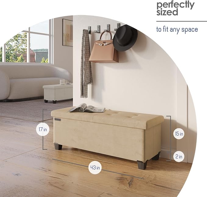 Storage Ottoman Bench with Bins, 43-in Storage Bench for Bedroom End of Bed, Folding Foot Rest Ottoman for Living Room Max 660lbs, Velvet Ottomans, Beige