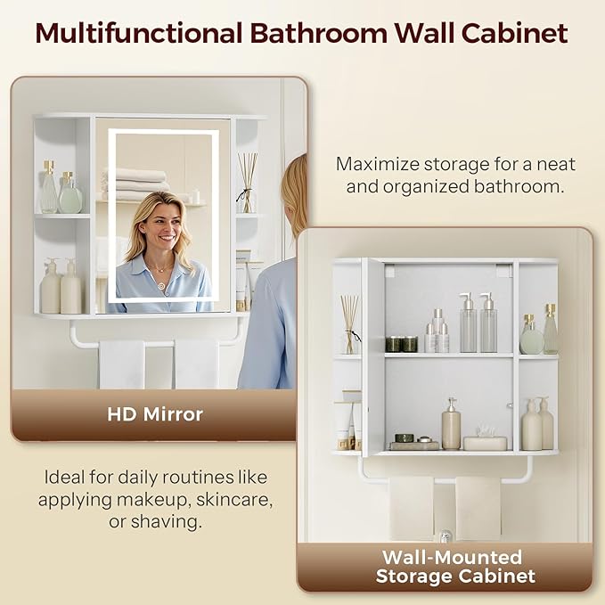 MAHANCRIS Bathroom Wall Cabinet with Mirror, Mirrored Medicine Cabinet with 3 Colors LED Light and 4 Open Shelves, Wall Mounted Storage Cabinets with Adjustable Shelf, 24.7"L x 6.7"W x 26.7"H, White