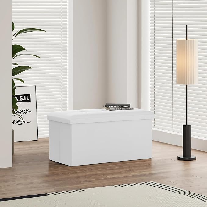 Magshion Folding Storage Ottoman Bench, 30 Inches PU Leather Ottoman Foot Rest, End of Bed Bench, Storage Chest for Living Room, Entryway, Bedroom, 600 lbs Load Capacity, White