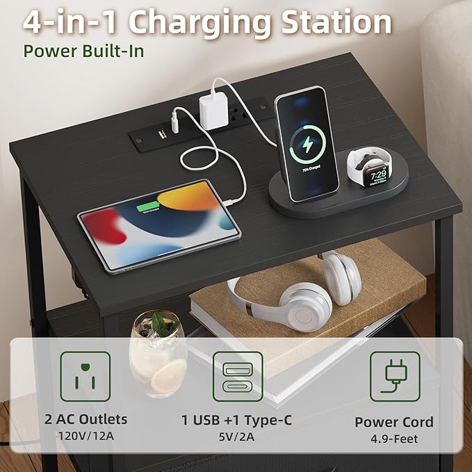 Somdot Black Nightstand with Charging Station and LED Light for Bedroom, Tall 5 Drawers Dresser with Fabric Bins for Bedside Kids Dorm Room Closet Laundry Entryway, Black