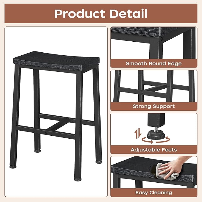 Homeiju Bar Stools, Counter Height Bar Stools Set of 2, 23.6 Inch Saddle Stools with Footrests, Industrial Kitchen Counter Seat for Dining Room, Kitchen, Counter, Black