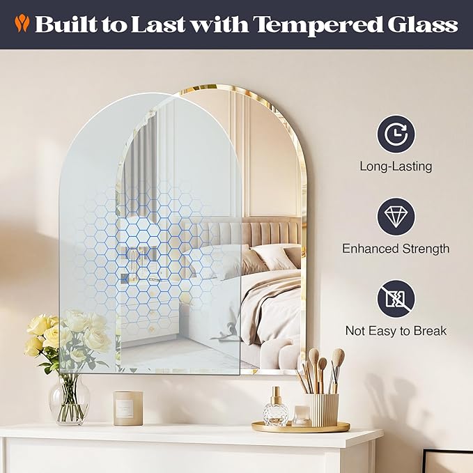 Frameless Bathroom Mirror, 22" x 30" Arched Vanity Mirror for wall Beveled, Arch Wall Mounted Mirror for Hallway, Entryways, Over Sink