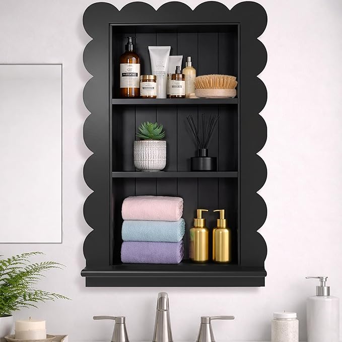 Royxen 14"x18" Recessed Medicine Cabinet, 2-Tier Wooden Bathroom Wall Cabinets Without Mirror,Scalloped Large Medicine Cabinet Niche for Bathroom Storage Organizer (Black, 18 x 24 Inch)