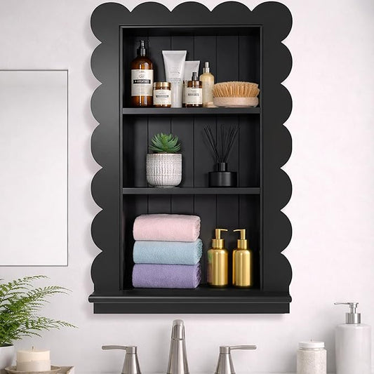 Royxen 14"x18" Recessed Medicine Cabinet, 2-Tier Wooden Bathroom Wall Cabinets Without Mirror,Scalloped Large Medicine Cabinet Niche for Bathroom Storage Organizer (Black, 18 x 24 Inch)