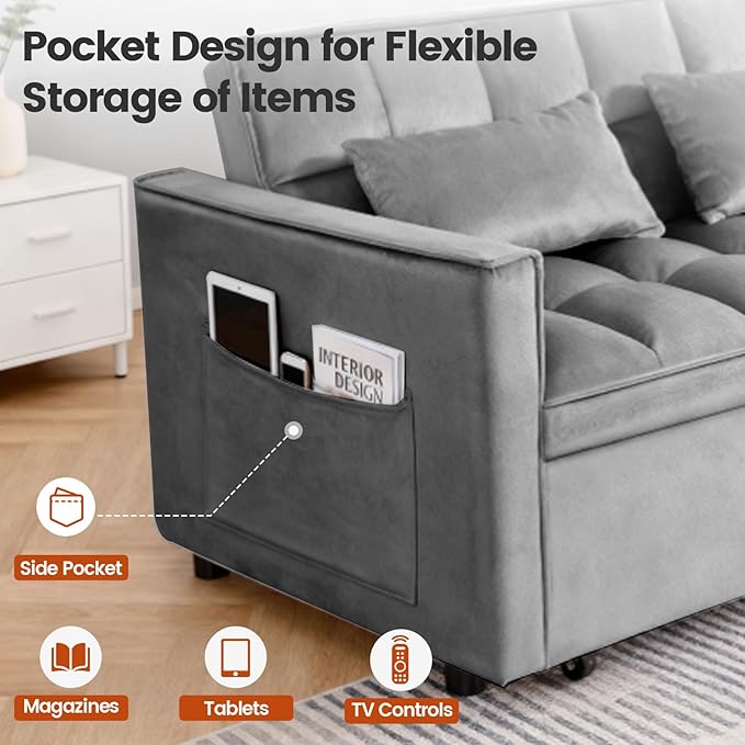 3 in 1 Convertible Sleeper Sofa Bed, Velvet Fabric Loveseat Sofa Bed with Adjustable Backrest & Large Side Pockets, Pull Out Couch for Small Spaces, Apartment, Living Room, Dark Gray