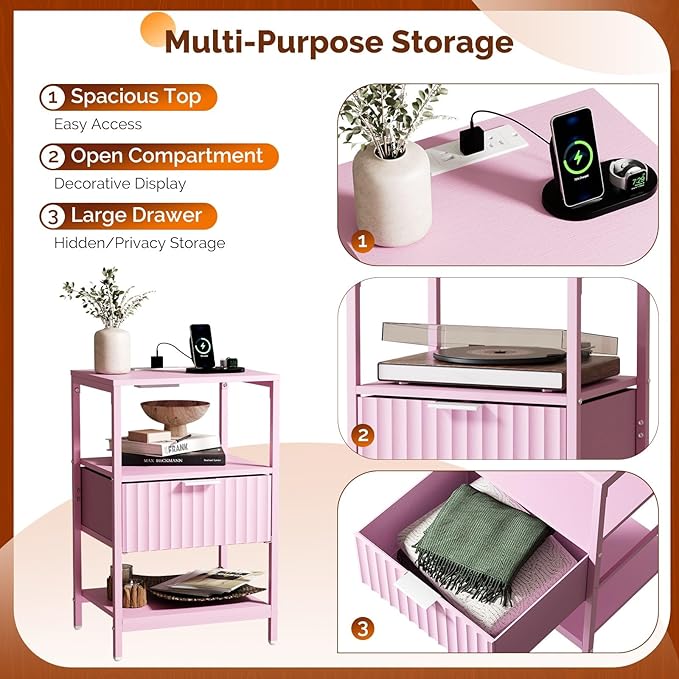 VINGLI Nightstands Set of 2 with Fabric Drawer, Pink Nightstands with Charging Station, Fluted Nightstand Pink Bedside Table/End Table for Bedroom, Night Stand Small for Kids Room, 2 pcs