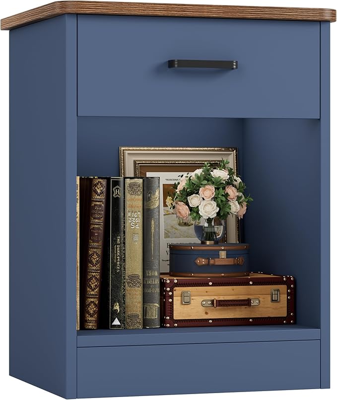 FOTOSOK Nightstand, 2-Tier Side Table with Drawer and Storage Shelf, Bedside Table End Table, Modern Night Stand for Bedroom, Home Office, Blue