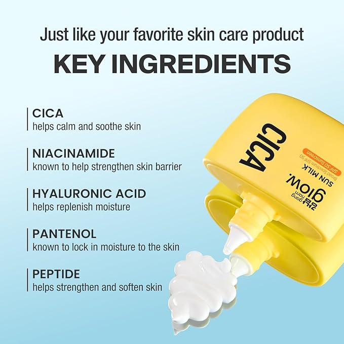 GANGNAM glow CICA SUN MILK, Moisturizer with SPF 50, Invisible Broad Spectrum Sunscreen for Face, No White Cast, Sun Protection with Cica and Niacinamide, Glow Natural Korean Sunscreen 1.69 fl.oz