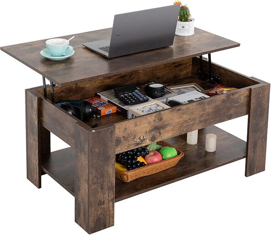 FDW Lift Top Coffee Table with Hidden Compartment and Storage Shelf Wooden Lift Tabletop for Home Living Room Reception Room Office,39.4",Brown