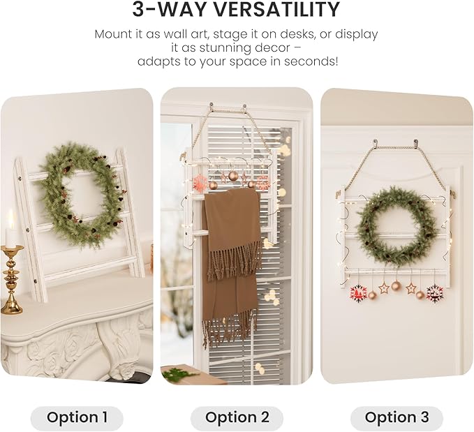 XLHOMO White Blanket Ladder Wall-Mounted, 3 Tier Wooden Rustic Mini Ladder Shelf for Living Room & Bathroom, Holder Display Hanger, Wall Hanging Blanket Rack with Rope for Home Christmas Decor