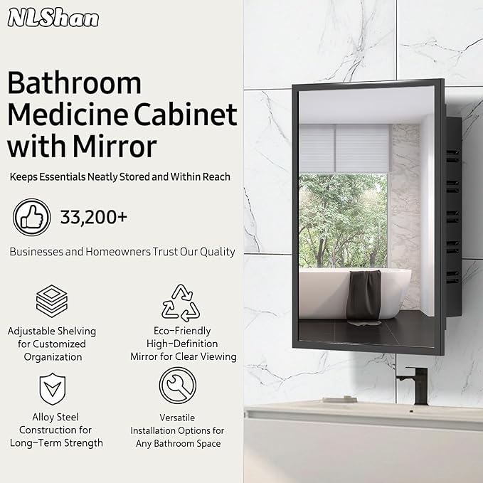NLShan Medicine Cabinet Mirror for Bathroom: Recessed Vanity Bathroom Cabinet with Mirror Door - Black Metal Framed and Wall Mounted Design with Adjustable Shelves for Bathroom Storage