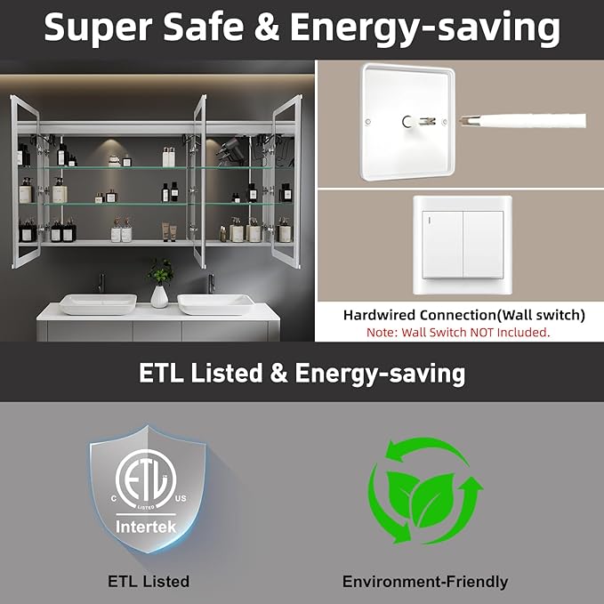 Medicine Cabinet with LED Lights and Mirror, 60 x 32 Inch Surface or Recessed Mounted Bathroom Cabinets with Door, Defogger, Memory Function, 3-Color Mode, Outlet&USB, Dimmer, Storage