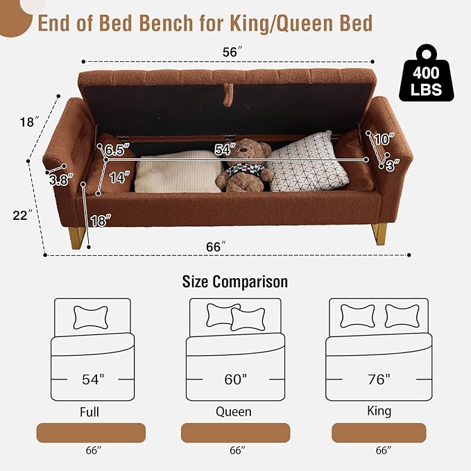 66'' Storage Bench for Bedroom End of Bed King Size, Bedroom Benches for Foot of Bed King, Teddy Brown Ottoman Bench with Storage with Armrest for Windows, Closet