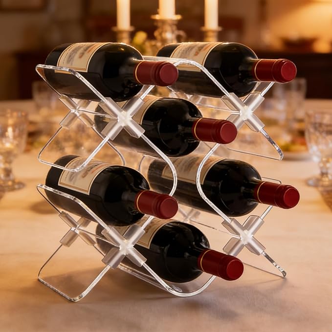 Acrylic 6 Bottle Countertop Wine Rack, Clear Freestanding Tabletop Wine Holder, Modern Space-Saving Wine Storage Organizer for Kitchen Bar Pantry