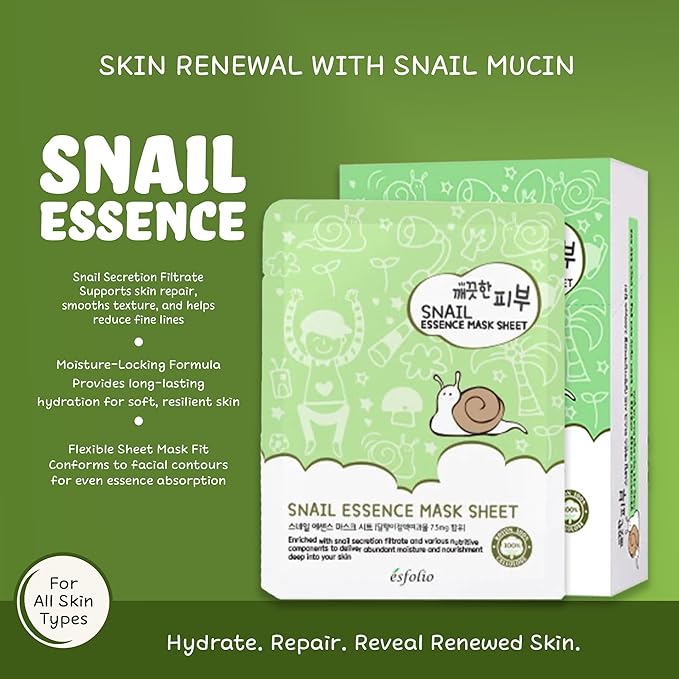 esfolio Snail Essence Mask Box – Hydrating & Repairing Sheet Masks, Korean Skincare for Moisturizing, Soothing, and Skin Renewal, Anti-Aging Face Mask for All Skin Types (Pack of 10)