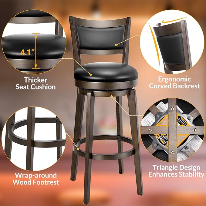PrimeZone Swivel Bar Stools Set of 8, 32 Inch Tall Bar Height Barstools, Black Faux Leather Bar Stool with High Backrest & Solid Wood Legs & Wrap-Around Footrest, Counter Stools for Pub