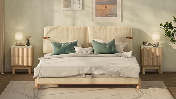 Fluted Nightstand Set of 2,Modern End Table with Faux Marble Top,2 Storage Drawers Side Table,Bedside Table for Bedroom, Living Room,Curved Profile Design Furniture,Natural Oak