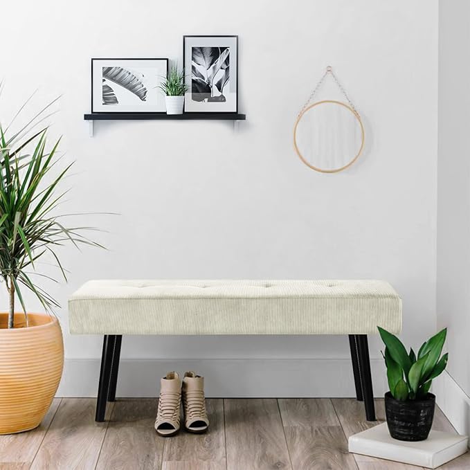 Comfy to go Entryway Bench - Beige Bench for Bedroom, Modern Ottoman End of Bed, Corduroy Padded Benches for Living Room, Foyer, Mudroom, Hallway - 39" L x 14" W x 17" H