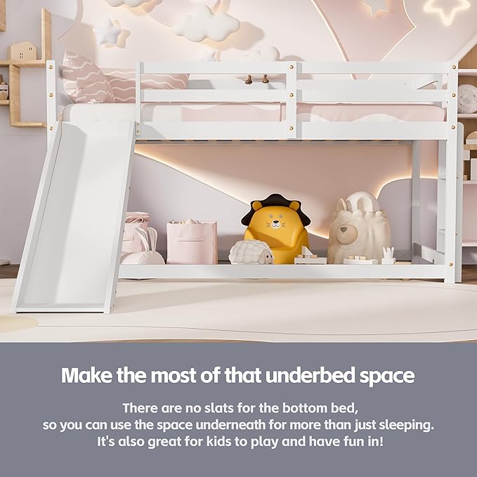 TOLEAD OLEAD Low Bunk Bed with Slide, Floor Loft Bed with Climbing Ladder, Wood Twin Bunk Bed Frame with Full Guardrails & Storage Space for Kids Toddler