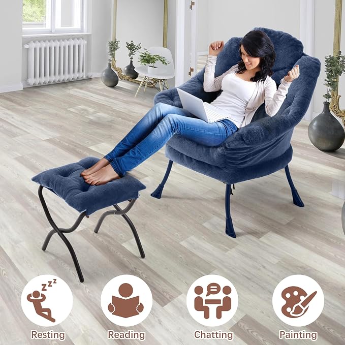 Lazy Chair with Folding Ottoman,Leisure Sofa Chair,Soft Fabric Armchair with Armrests and Side Pockets, Reading Chair with Footrest for Living Room, Bedroom, Office (Plush Navy)