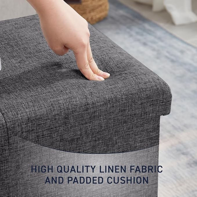 Ornavo Home Folding Storage Ottoman, 43 Inch Extra Large Storage Bench with Lid, Foot Rest Stool for Bedroom, Living Room, Entryway, Tufted Linen Upholstered - Dark Gray