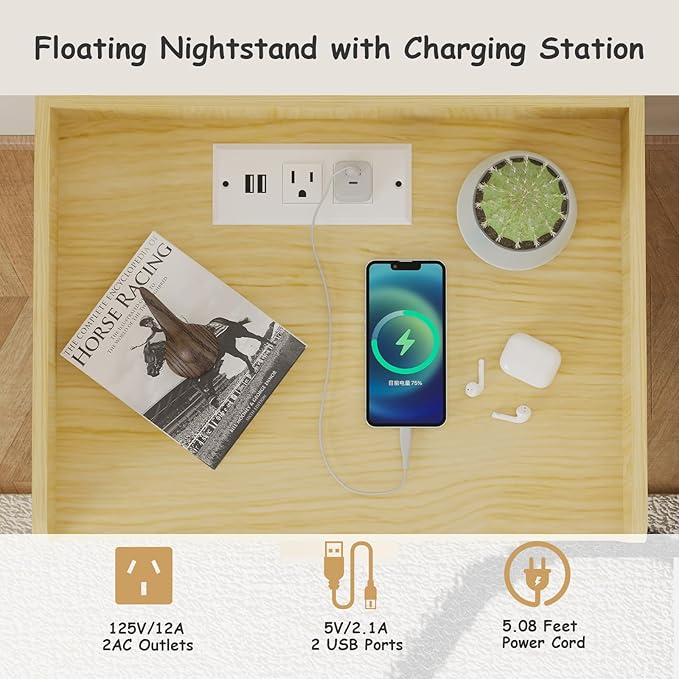 Arbuxzuy Floating Nightstand Set of 2 with Charging Station, Modern Wall Mounted Bedside Table with Drawer & Open Shelf, Made of Minimalist Wood for Bedroom (Light Brown)