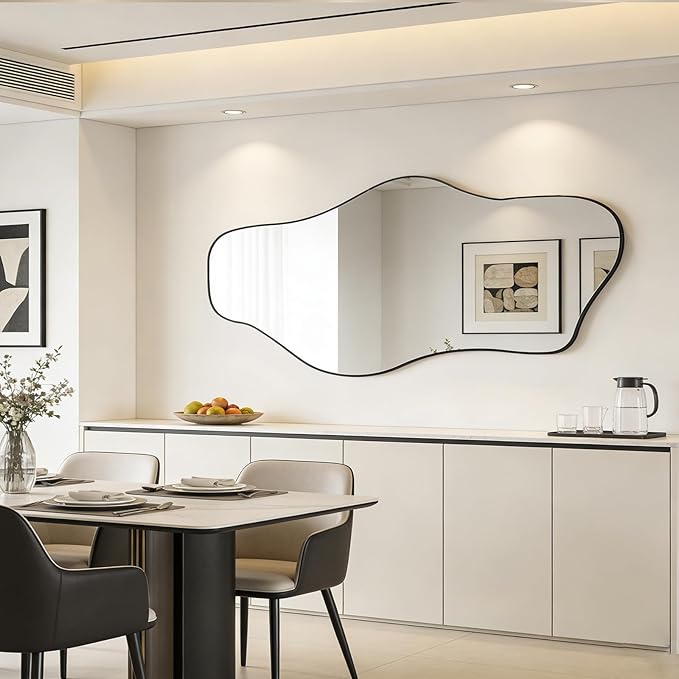Large Irregular Mirror, 63"x29" Asymmetrical Aesthetic Wall Mirror with Black Metal Frame, Modern Organic Shape Mirror for Living Room Hallway Entryway, Horizontal or Vertical Wall Hanging