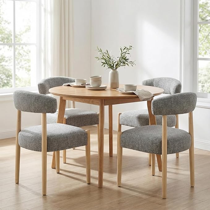 VKNOW Upholstered Dining Room Set for 6, Mid-Century Modern Dining Chairs Set of 4 and Dining Bench with Rubberwood Legs, for Dining Room, Living Room, Kitchen, Gray