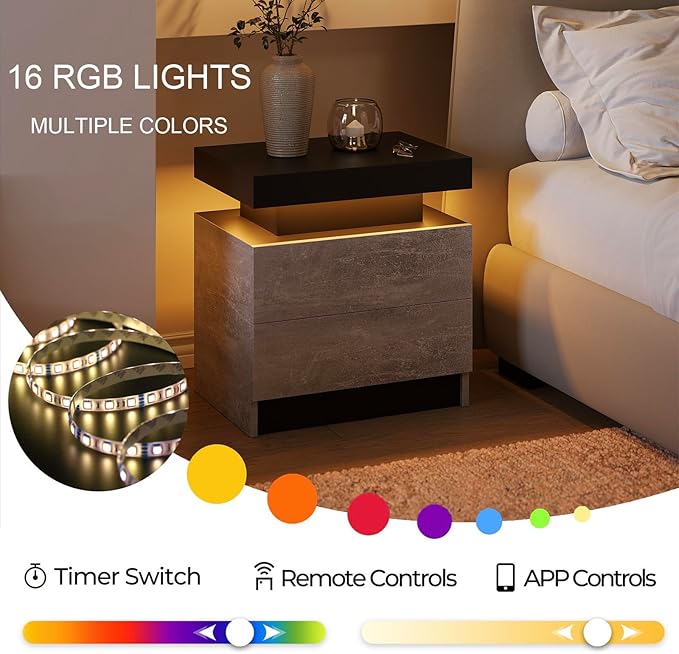 LED Nightstand Bedside Drawer Led Cabinet LED Lights Modern End Side Table with 2 Drawers for Bedroom Grey