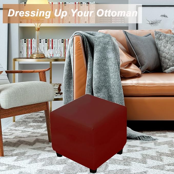Waterproof Ottoman Cover Square Stretch PU Soft Folding Storage Ottoman Cover with Elastic Bottom Cube Footrest Foot Stool Slipcovers Machine Washable(Medium/Wine red)