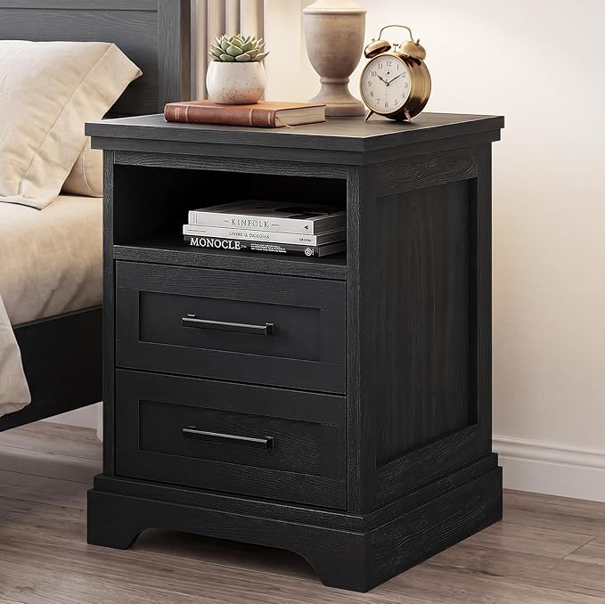 DUMOS Nightstand with Charging Station, Wood Farmhouse Bedside Table with 2 Drawers and Open Shelf, Wood End Table, Modern Side Table for Bedroom, Black
