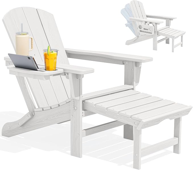 SERWALL Folding Adjustable Adirondack Chair with Footrest, HDPE Outdoor Chair with 4-in-1 Cup Holders, All Weather Adirondack Chair with Ottoman, White
