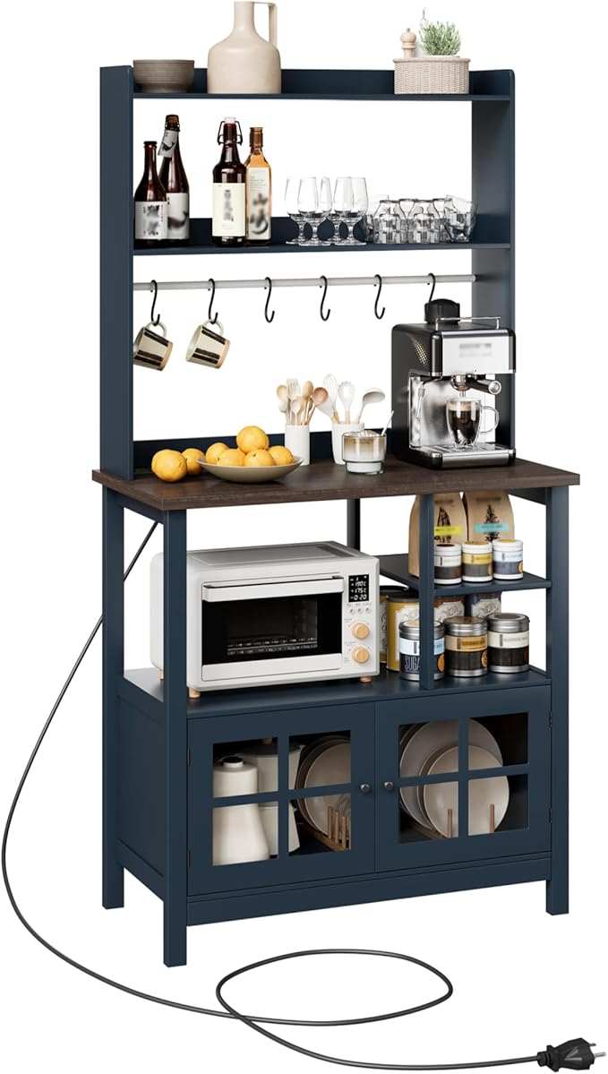 ChooChoo Farmhouse Coffee Bar Cabinet with Storage, Bakers Rack with Power Outlets, Microwave Stand Kitchen Cabinet with Hutch and 6 Hooks, Blue